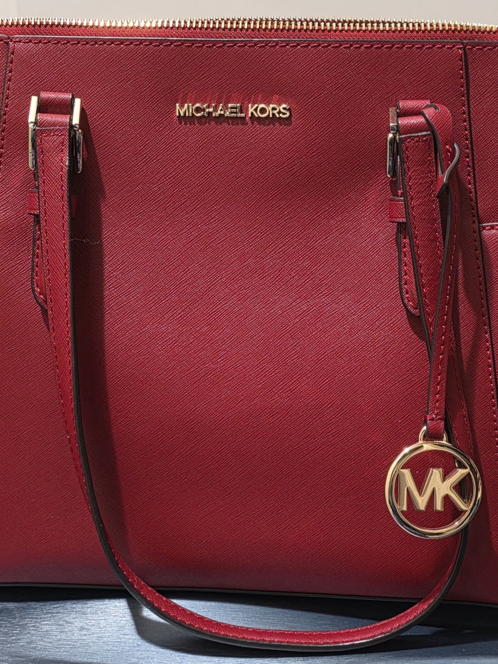 Michael Kors Cherry Red Saffiano Leather Tote with MK Charm